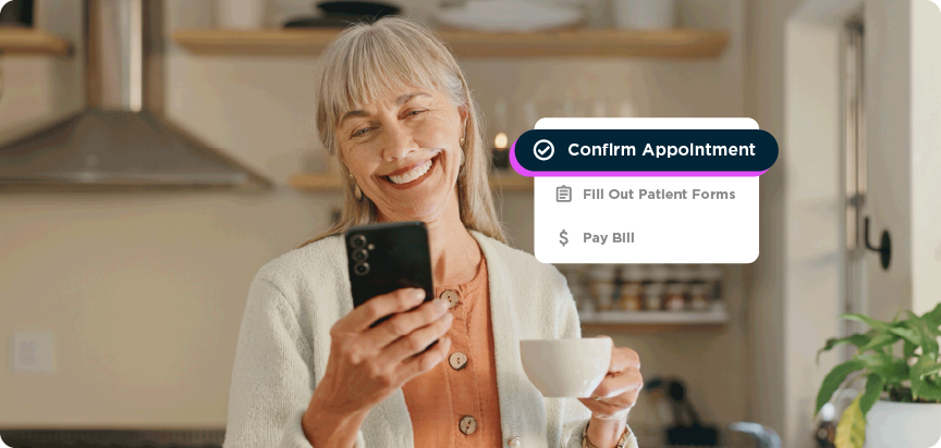 Woman smiling at her smartphone showing a confirmed appointment notification